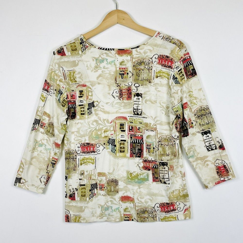 Chico's Shirt Women Medium Beige French Bistro Cafe Half Sleeve‎ Jersey Knit Top - Picture 5 of 6